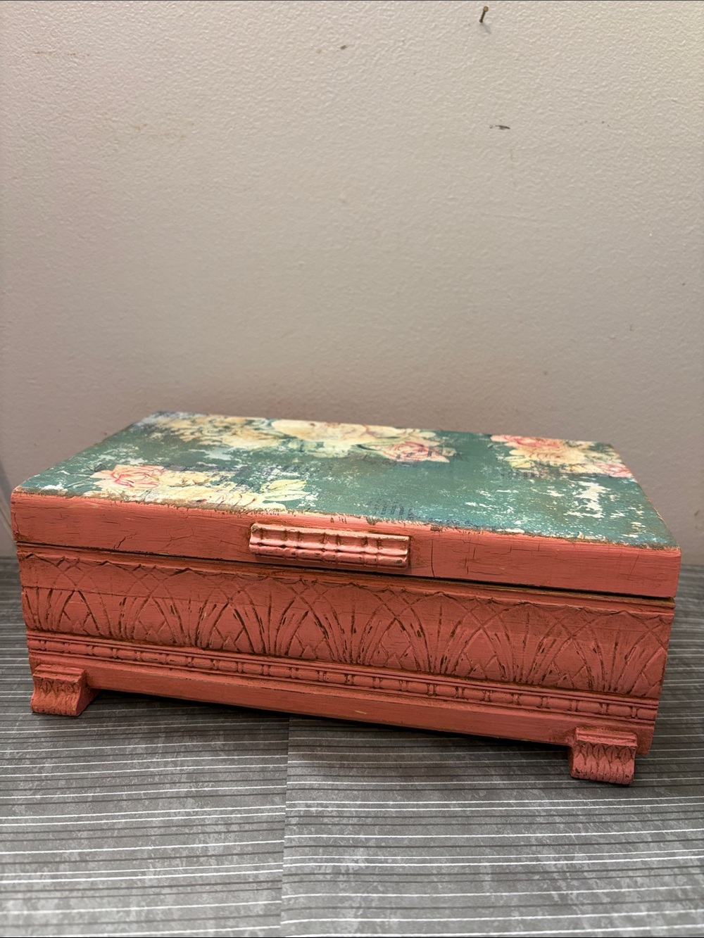 Distressed Floral Decorative Trinket Box - Coral & Teal